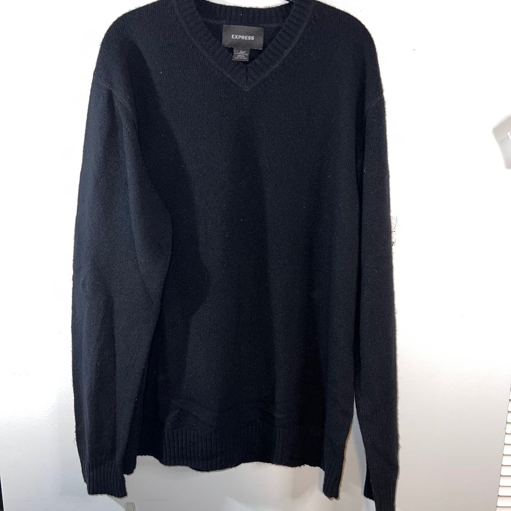 Express Mens XL Black Lambswool V Neck Long Sleeve Sweater Pullover Boho‎ Grunge